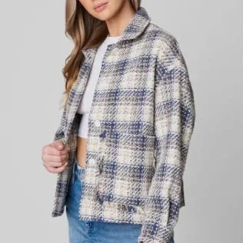 BLANK NYC Shacket Jacket Women's Large Blue Plaid Tweed Casual NEW